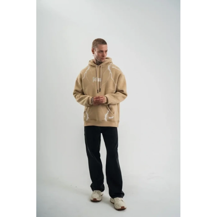 Erkek Şimşek Baskılı Kapşonlu Sweatshirt Üç İplik Pamuklu Kanguru Cepli Double Oversize Hoodie - Bej