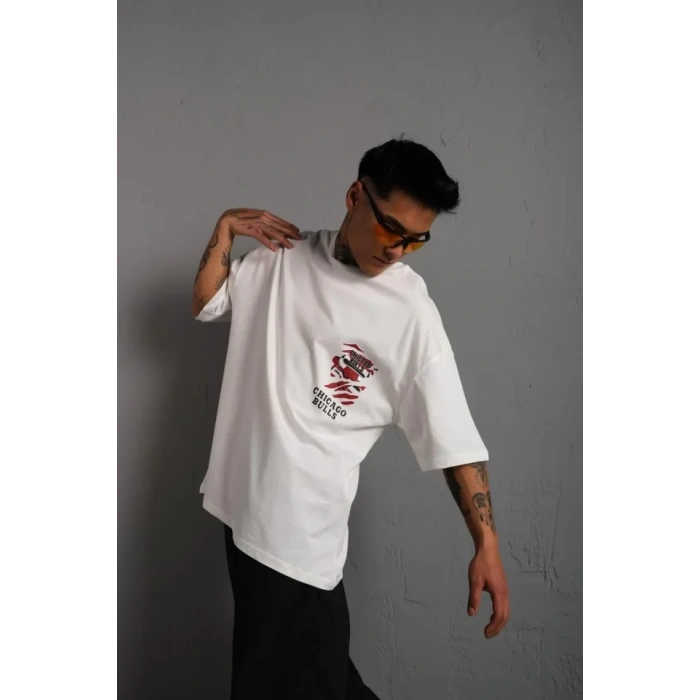Erkek Sırt Baskılı A Kalite Oversize T-shirt - Beyaz