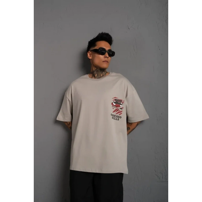 Erkek Sırt Baskılı A Kalite Oversize T-shirt - Gri