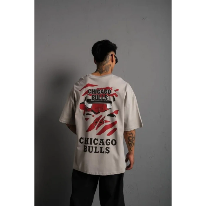 Erkek Sırt Baskılı A Kalite Oversize T-shirt - Gri