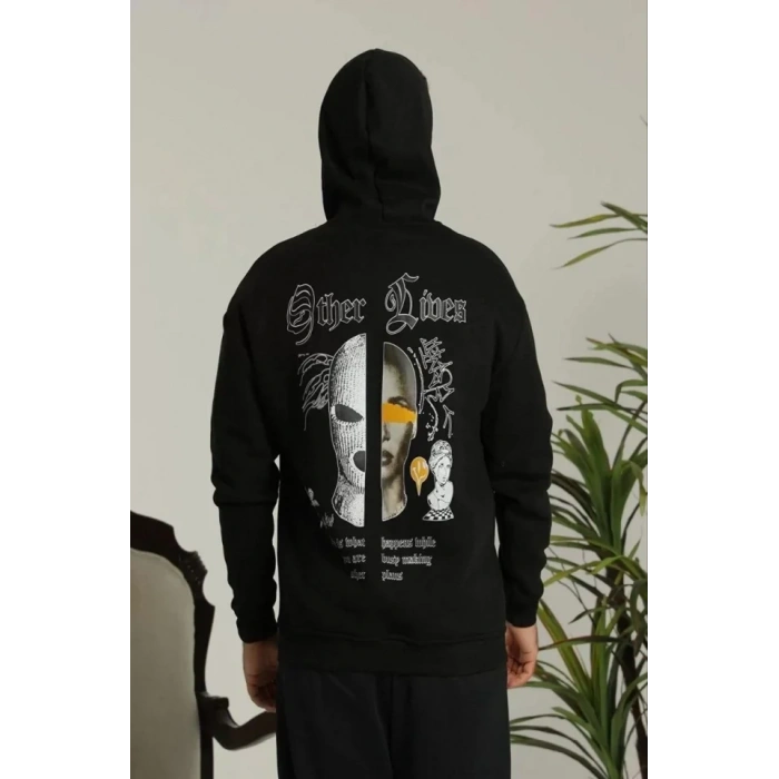 Erkek Sırt Baskılı Oversize Üç İplik Kapüşonlu Sweatshirt - Siyah