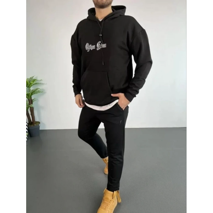 Erkek Sırt Baskılı Oversize Üç İplik Kapüşonlu Sweatshirt - Siyah