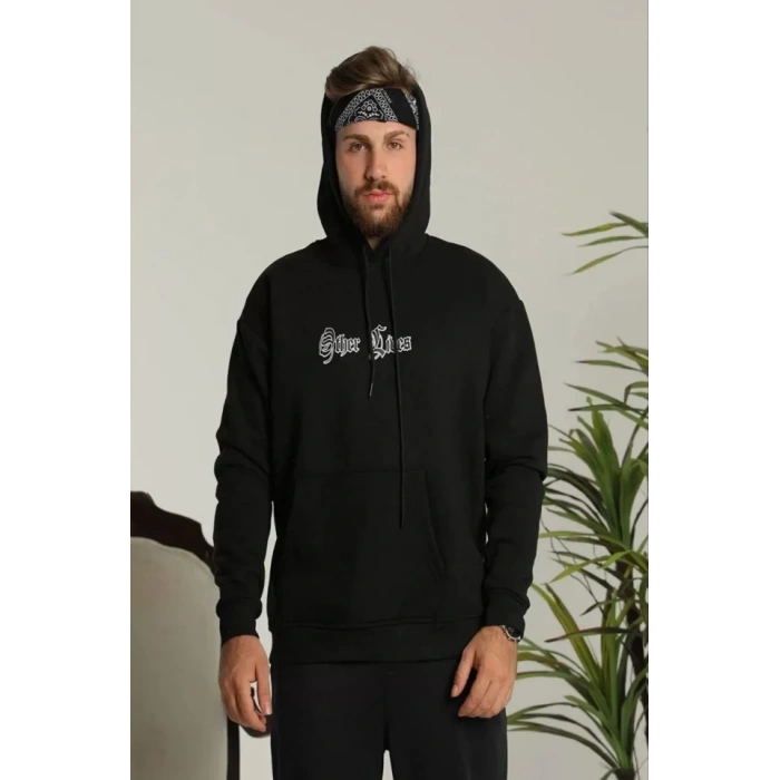 Erkek Sırt Baskılı Oversize Üç İplik Kapüşonlu Sweatshirt - Siyah