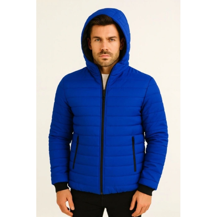 Erkek Şişme Kapüşonlu Fermuarlı Mont Su Itici Kapitone Astarlı Kumaş Cepli Kışlık Rahat Kalıp - Saks Mavisi