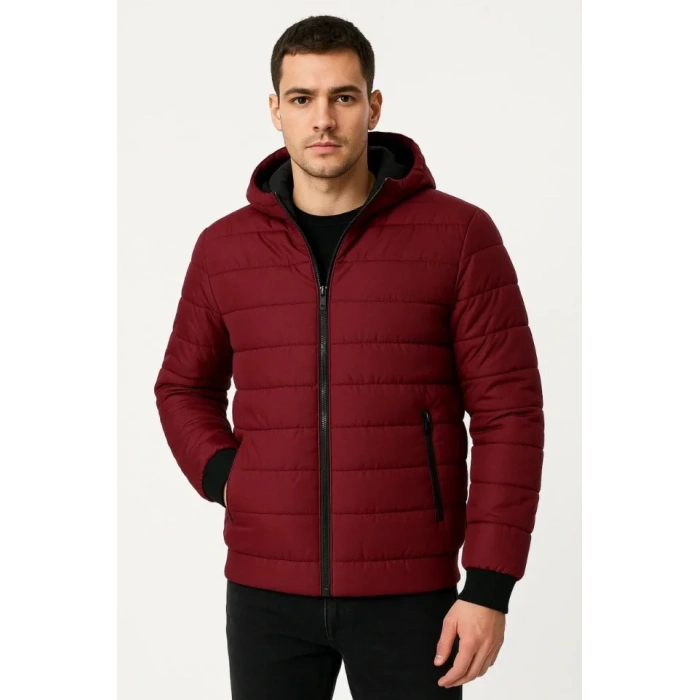 Erkek Şişme Kapüşonlu Fermuarlı Mont Su Itici Kapitone Astarlı Kumaş Cepli Kışlık Rahat Kalıp - Bordo