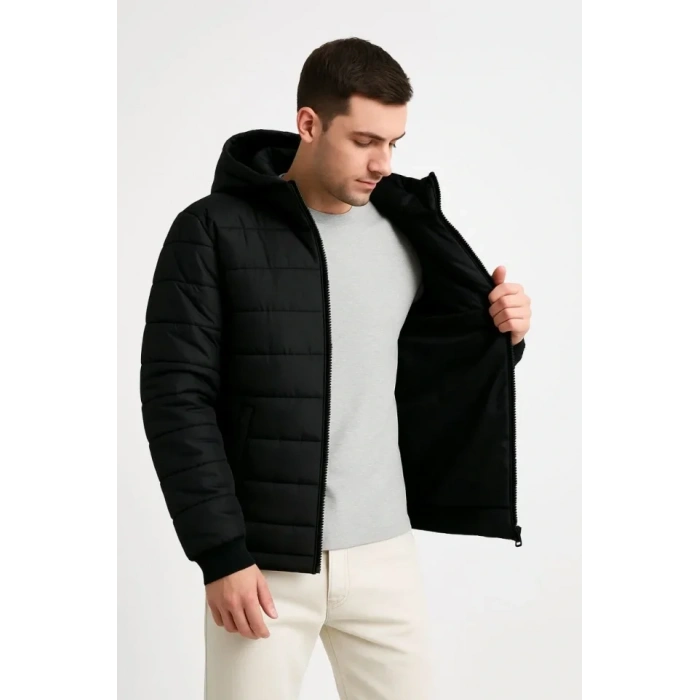 Erkek Şişme Kapüşonlu Fermuarlı Mont Su Itici Kapitone Astarlı Kumaş Cepli Kışlık Rahat Kalıp - Siyah