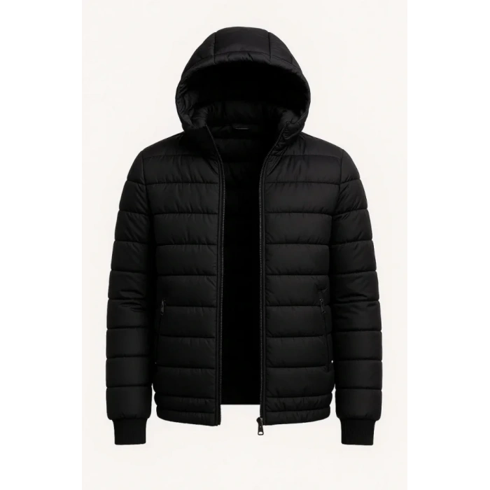 Erkek Şişme Kapüşonlu Fermuarlı Mont Su Itici Kapitone Astarlı Kumaş Cepli Kışlık Rahat Kalıp - Siyah