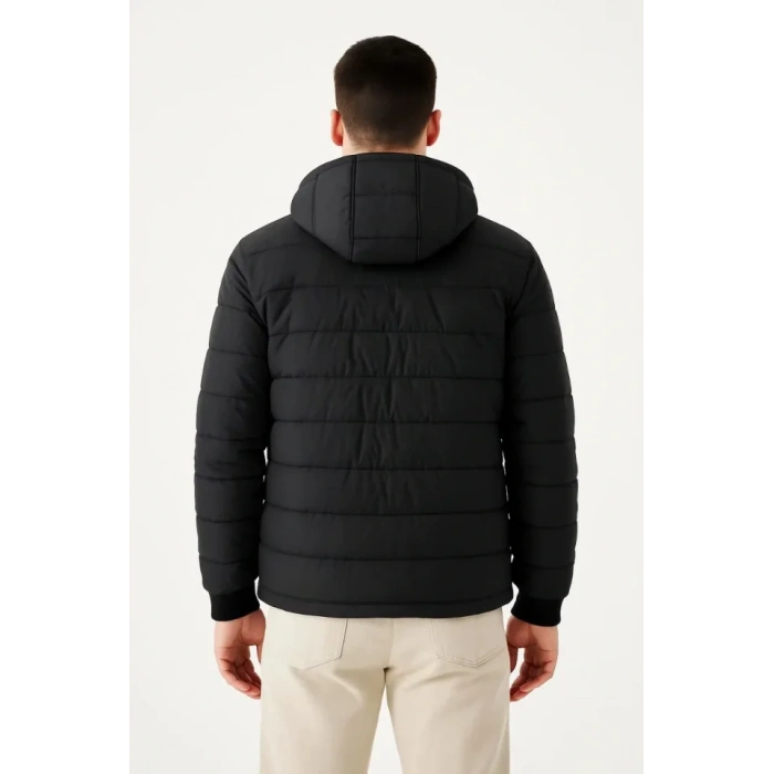 Erkek Şişme Kapüşonlu Fermuarlı Mont Su Itici Kapitone Astarlı Kumaş Cepli Kışlık Rahat Kalıp - Siyah