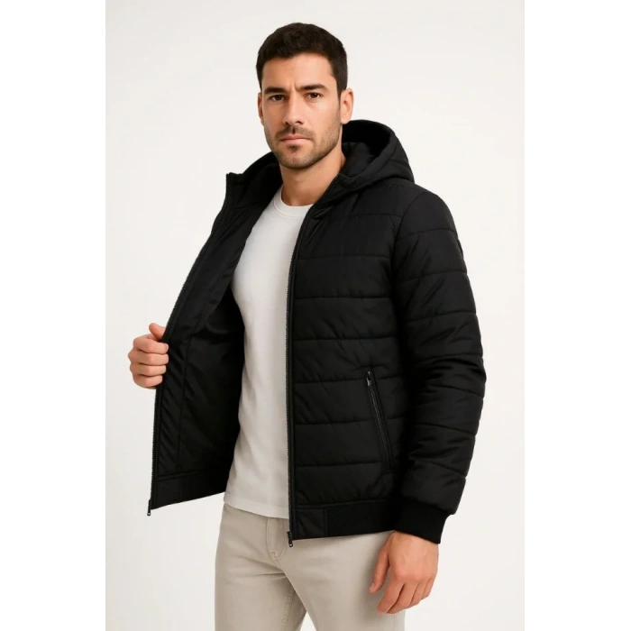 Erkek Şişme Kapüşonlu Fermuarlı Mont Su Itici Kapitone Astarlı Kumaş Cepli Kışlık Rahat Kalıp - Siyah