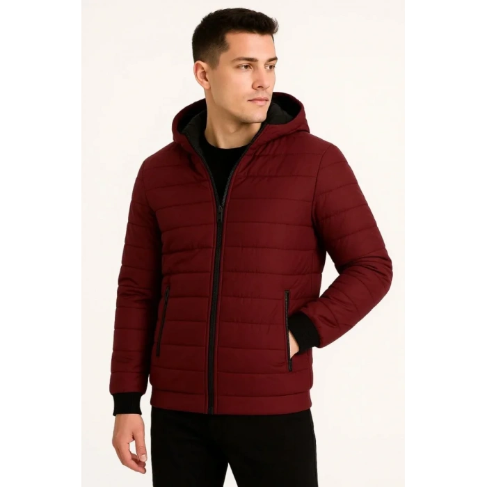 Erkek Şişme Kapüşonlu Fermuarlı Mont Su Itici Kapitone Astarlı Kumaş Cepli Kışlık Rahat Kalıp - Bordo