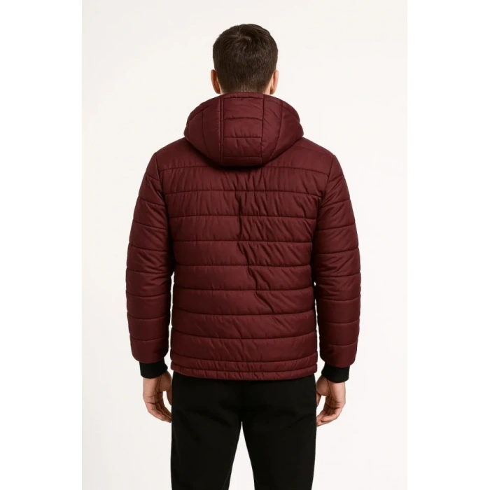Erkek Şişme Kapüşonlu Fermuarlı Mont Su Itici Kapitone Astarlı Kumaş Cepli Kışlık Rahat Kalıp - Bordo
