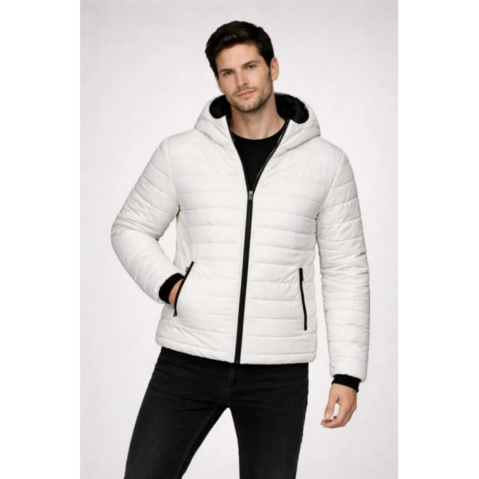 Erkek Şişme Kapüşonlu Fermuarlı Mont Su Itici Kapitone Astarlı Kumaş Cepli Kışlık Rahat Kalıp - Krem