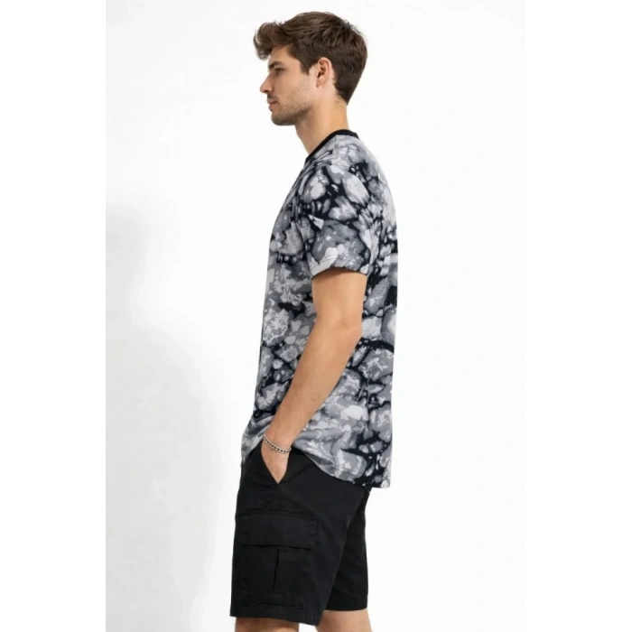 Erkek Siyah Gri Taş Desenli Tişört – Regular Fit, Bisiklet Yaka, Dijital Baskılı Modern Tasarım T-Shirt - Siyah
