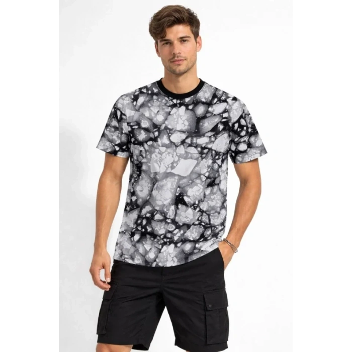 Erkek Siyah Gri Taş Desenli Tişört – Regular Fit, Bisiklet Yaka, Dijital Baskılı Modern Tasarım T-Shirt - Siyah