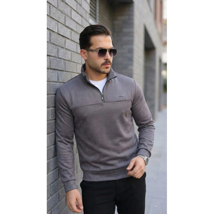 Erkek Süet Yarım Fermuar Dik Yaka Sweat