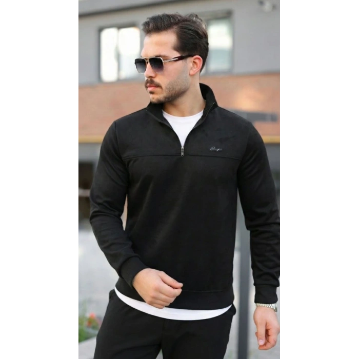 Erkek Süet Yarım Fermuar Dik Yaka Sweat