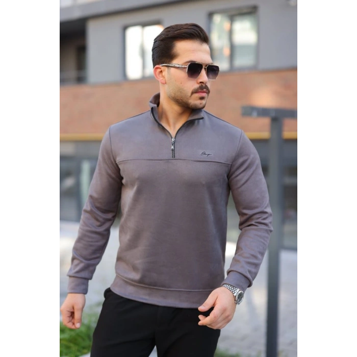 Erkek Süet Yarım Fermuar Dik Yaka Sweat