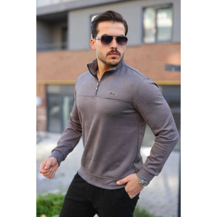 Erkek Süet Yarım Fermuar Dik Yaka Sweat
