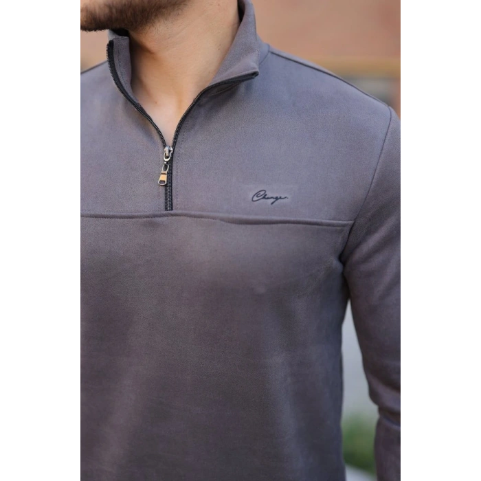 Erkek Süet Yarım Fermuar Dik Yaka Sweat