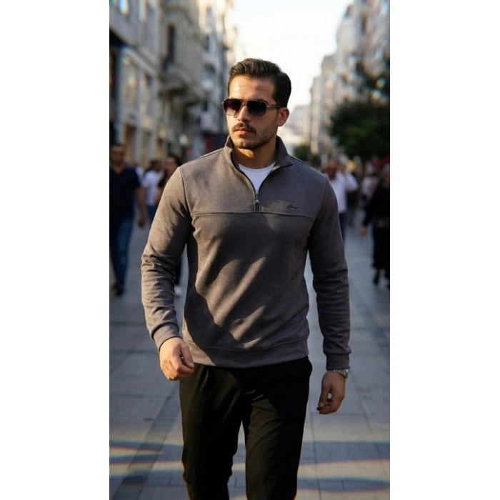 Erkek Süet Yarım Fermuar Dik Yaka Sweat