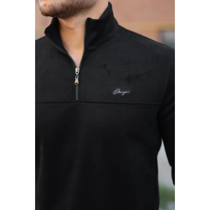 Erkek Süet Yarım Fermuar Dik Yaka Sweat