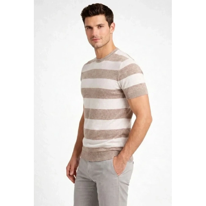 Erkek T-shirt Çizgili Triko Dokuma Bisiklet Yaka Tişört - Bej