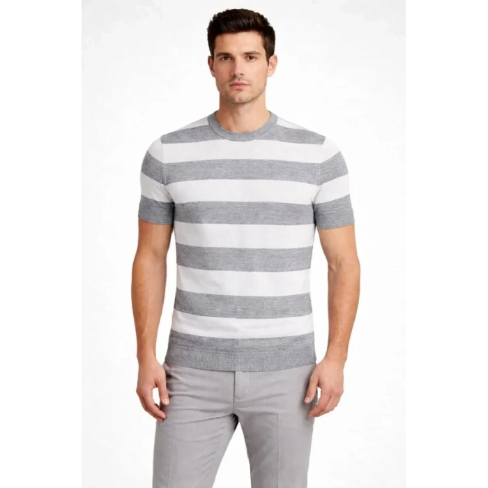Erkek T-shirt Çizgili Triko Dokuma Bisiklet Yaka Tişört - Gri