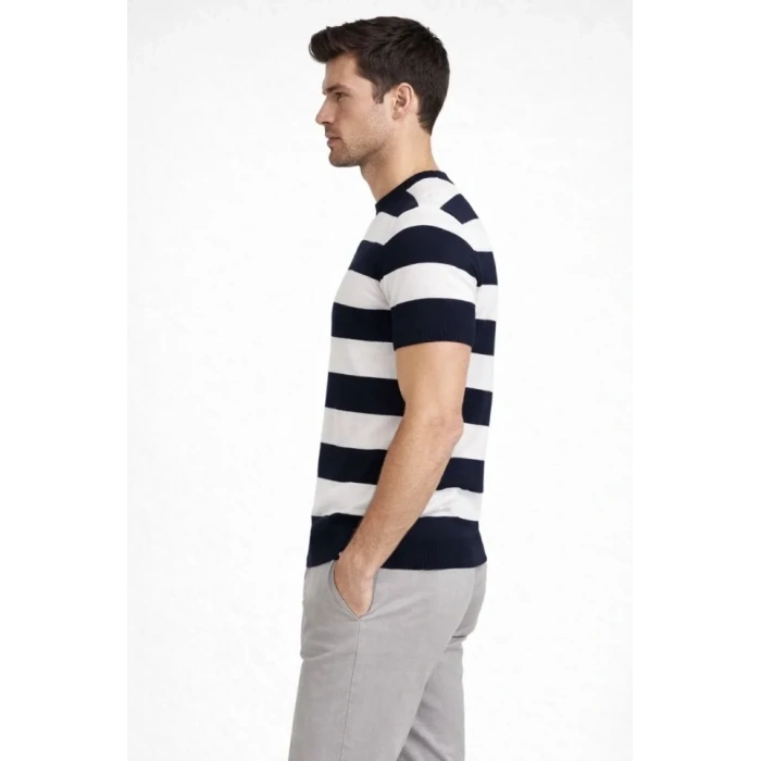 Erkek T-shirt Çizgili Triko Dokuma Bisiklet Yaka Tişört  - Siyah