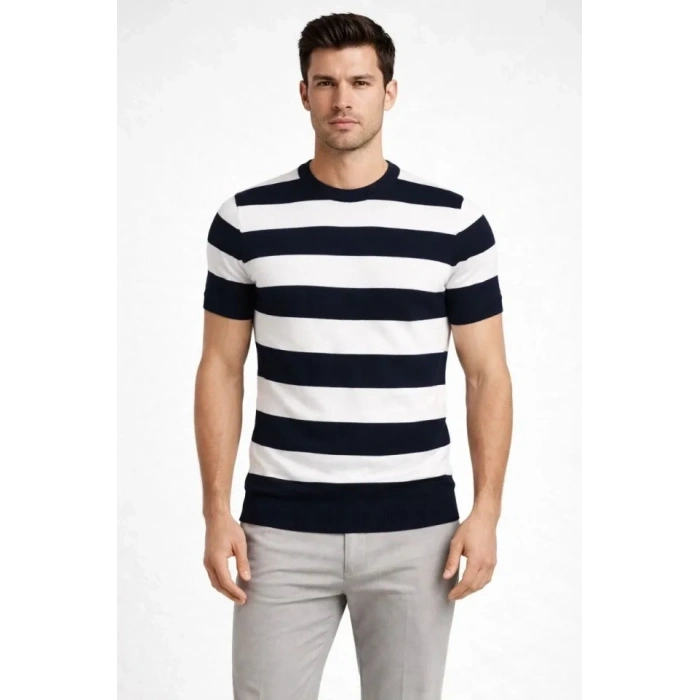 Erkek T-shirt Çizgili Triko Dokuma Bisiklet Yaka Tişört  - Siyah