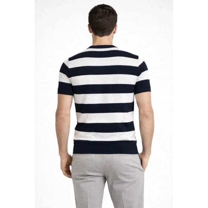 Erkek T-shirt Çizgili Triko Dokuma Bisiklet Yaka Tişört  - Siyah