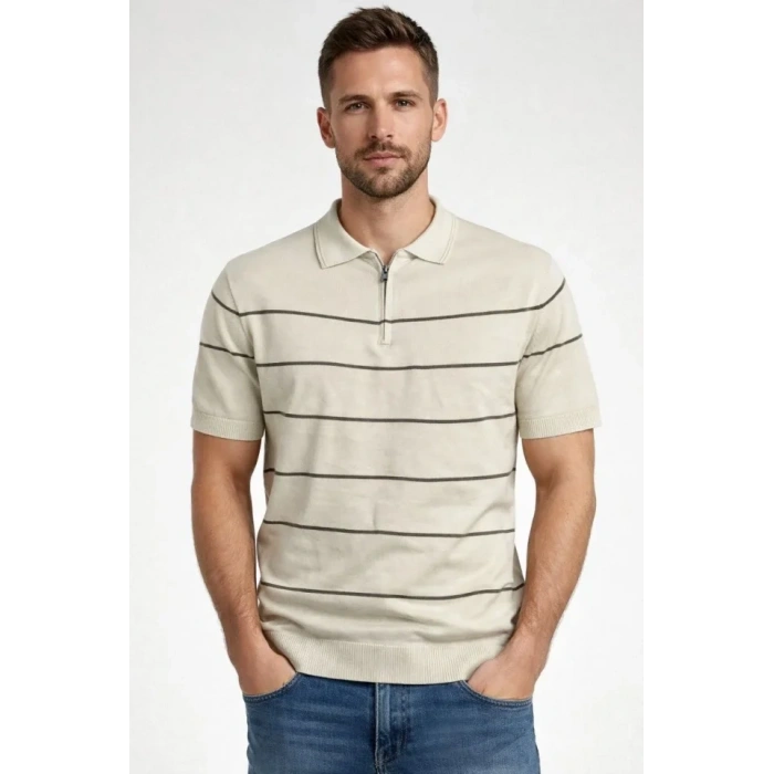 Erkek T-shirt Çizgili Triko Dokuma Kumaş Polo Yaka Yarım Fermuarlı Regular Kalıp Tişört - Bej