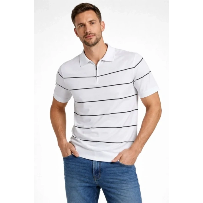 Erkek T-shirt Çizgili Triko Dokuma Kumaş Polo Yaka Yarım Fermuarlı Regular Kalıp Tişört - Beyaz
