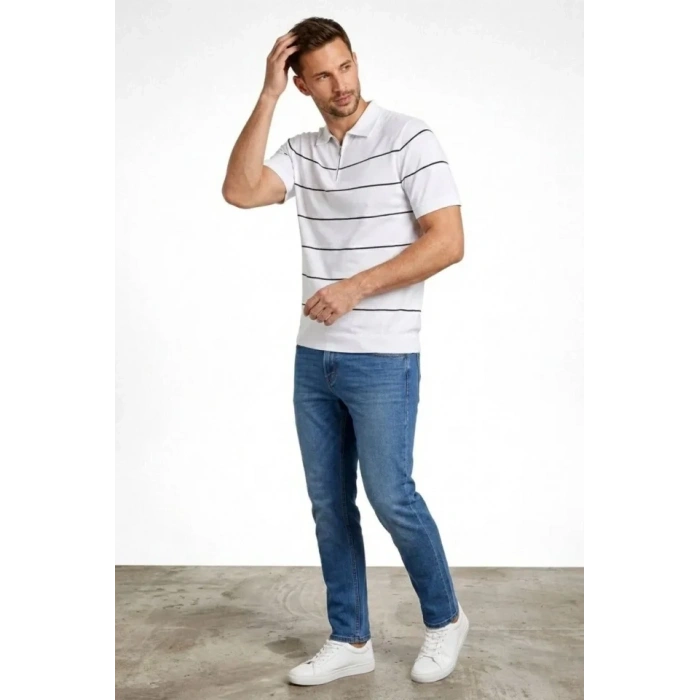 Erkek T-shirt Çizgili Triko Dokuma Kumaş Polo Yaka Yarım Fermuarlı Regular Kalıp Tişört - Beyaz