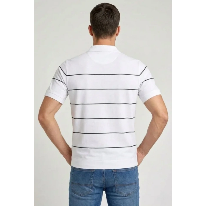Erkek T-shirt Çizgili Triko Dokuma Kumaş Polo Yaka Yarım Fermuarlı Regular Kalıp Tişört - Beyaz