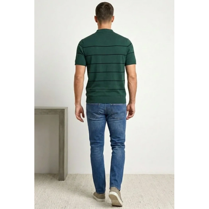 Erkek T-shirt Çizgili Triko Dokuma Kumaş Polo Yaka Yarım Fermuarlı Regular Kalıp Tişört - Çağla Yeşili