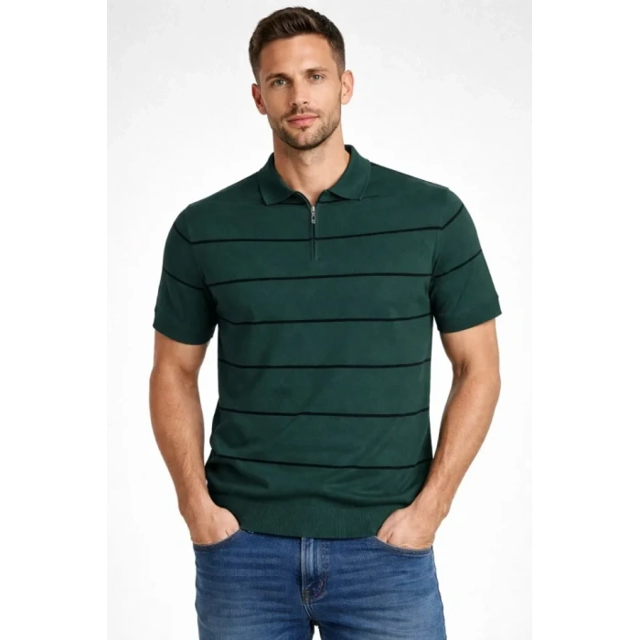 Erkek T-shirt Çizgili Triko Dokuma Kumaş Polo Yaka Yarım Fermuarlı Regular Kalıp Tişört - Çağla Yeşili