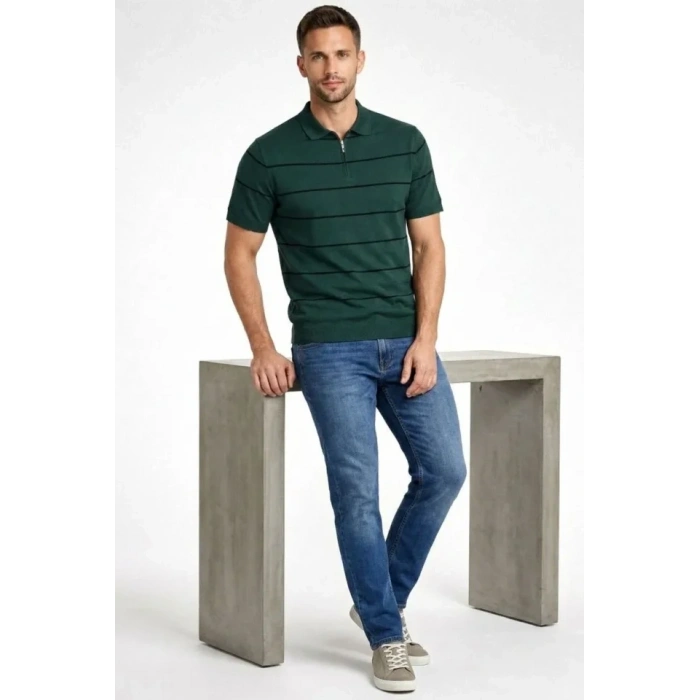 Erkek T-shirt Çizgili Triko Dokuma Kumaş Polo Yaka Yarım Fermuarlı Regular Kalıp Tişört - Çağla Yeşili