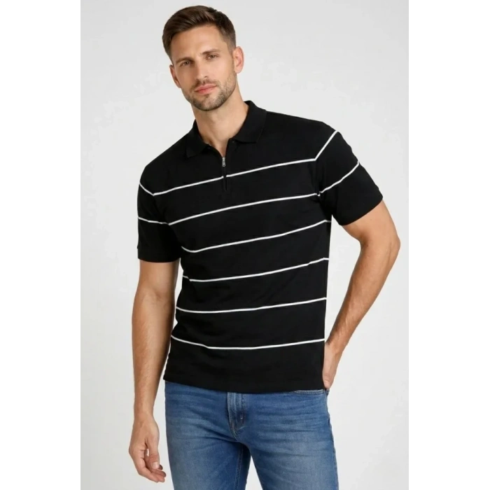 Erkek T-shirt Çizgili Triko Dokuma Kumaş Polo Yaka Yarım Fermuarlı Regular Kalıp Tişört - Siyah
