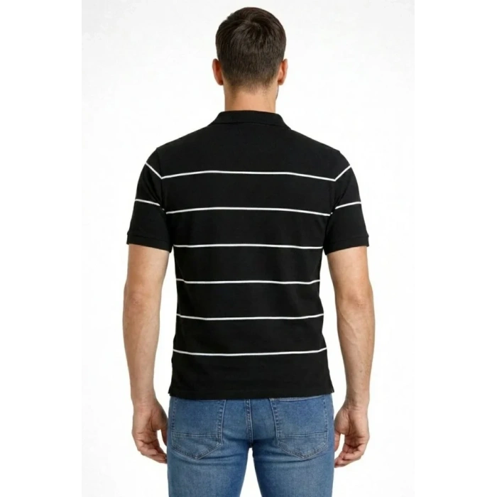 Erkek T-shirt Çizgili Triko Dokuma Kumaş Polo Yaka Yarım Fermuarlı Regular Kalıp Tişört - Siyah