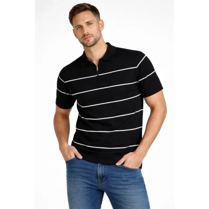 Erkek T-shirt Çizgili Triko Dokuma Kumaş Polo Yaka Yarım Fermuarlı Regular Kalıp Tişört - Siyah