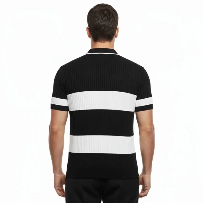 Erkek T-shirt Çizgili Triko Dokuma Kumaş Polo Yaka Yarım Fermuarlı Regular Kalıp Tişört - Siyah
