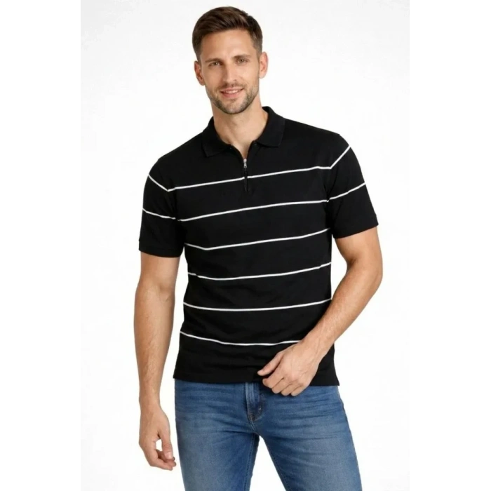 Erkek T-shirt Çizgili Triko Dokuma Kumaş Polo Yaka Yarım Fermuarlı Regular Kalıp Tişört - Siyah
