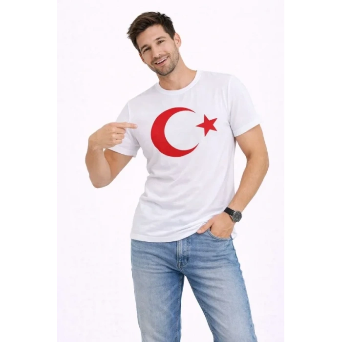 Erkek T-Shirt Kısa Kol Bisiklet Yaka Ay Yıldız Bayrak Baskılı Tişört - Beyaz