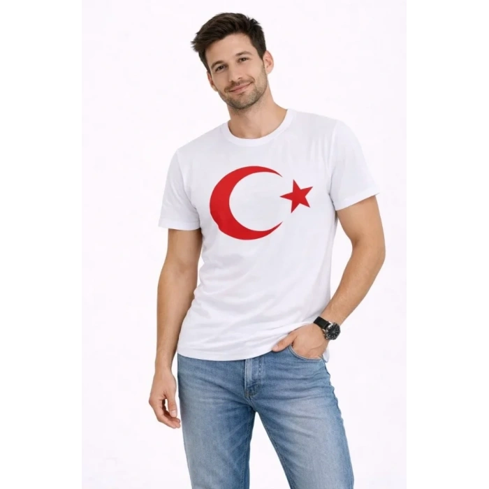 Erkek T-Shirt Kısa Kol Bisiklet Yaka Ay Yıldız Bayrak Baskılı Tişört - Beyaz