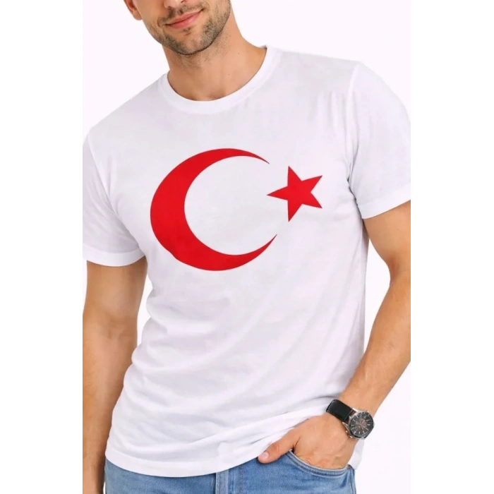 Erkek T-Shirt Kısa Kol Bisiklet Yaka Ay Yıldız Bayrak Baskılı Tişört - Beyaz