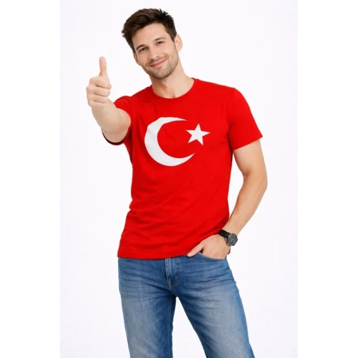 Erkek T-Shirt Kısa Kol Bisiklet Yaka Ay Yıldız Bayrak Baskılı Tişört - Kırmızı