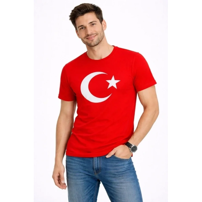 Erkek T-Shirt Kısa Kol Bisiklet Yaka Ay Yıldız Bayrak Baskılı Tişört - Kırmızı