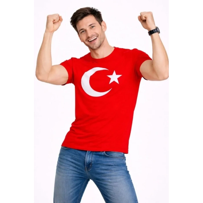 Erkek T-Shirt Kısa Kol Bisiklet Yaka Ay Yıldız Bayrak Baskılı Tişört - Kırmızı
