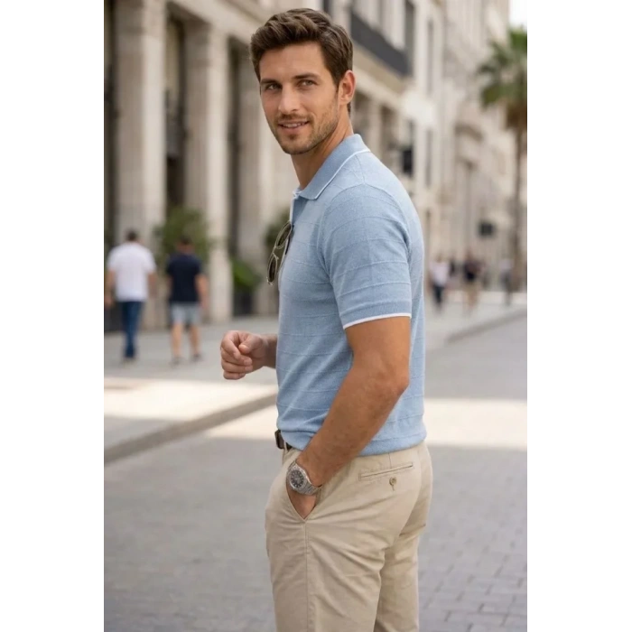 Erkek Triko Kumaş Yakalı Düğmesiz Açık Yaka Fitilli Kısa Kollu Regular Fit Tişört T-shirt - Bebek Mavisi