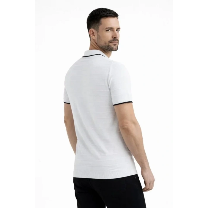 Erkek Triko Kumaş Yakalı Düğmesiz Açık Yaka Fitilli Kısa Kollu Regular Fit Tişört T-shirt - Beyaz